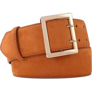 Women's Leather Wide Belts Fashion Thick Brown Suede With Gold Buckle Belt